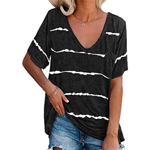 Casual Summer Women Short-sleeved T-shirt Tie-dye Stripes V-neck Pockets Loose Multicolor Raglan Sleeves Mid-length Urban