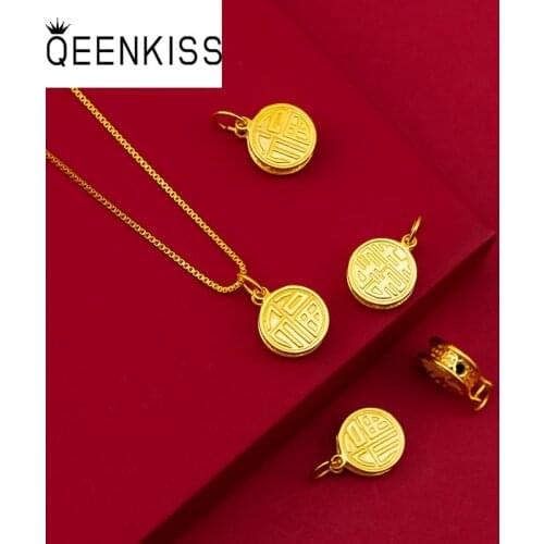 QEENKISS PT522 Fine Jewelry Wholesale Fashion Hot Woman Girl Birthday Wedding Gift Round XI 24KT Gold Pendant Charm No Chain