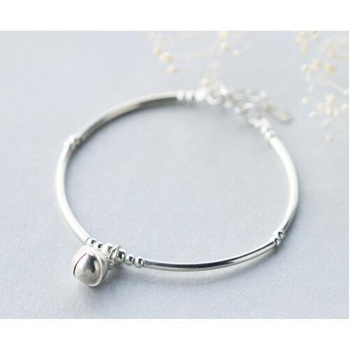 Real. 925 Sterling Silver Jewelry Jingle Bell Thin Bangle Bracelet charms with lucky beads design GTLS348