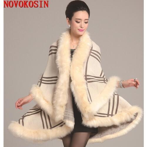 SC98 9 Colors 2019 Winter Warm Long Knitted 2 Layers Poncho Cape Cashmere Plaid Shawl Women Imitation Fur European Cardigan Coat