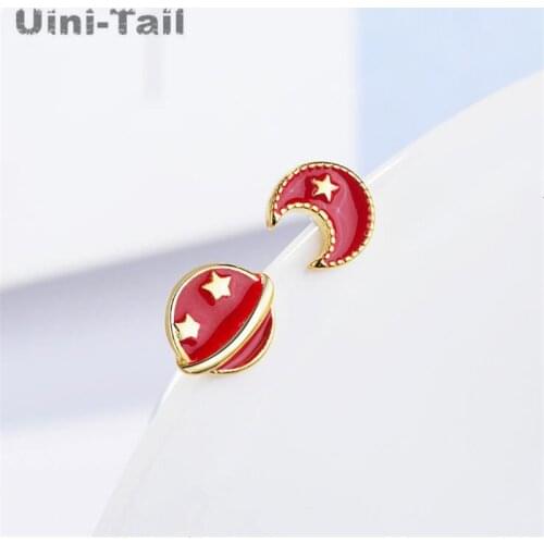 Uini-Tail hot new 925 sterling silver small fresh red moon asymmetric planet earrings Chinese style fashion tide flow jewelry