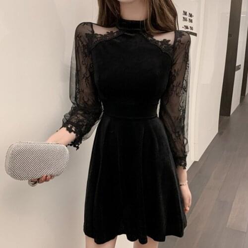 Mesh Women Lace Velvet Party Dress Halter Sexy vintage 2021 Spring New lace dress Long-sleeved black Casual velvet Dress D673B