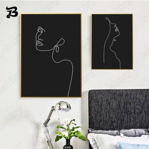 Modern Abstract Portrait Painting Woman The Lines Outline a Womans Face Posters and Prints Black and White Wall Pictures Decor
