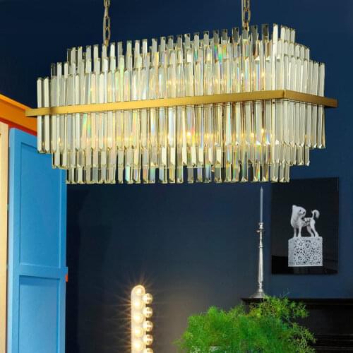 Modern Luxury Dining Room G9 Pendant Lamp Straight K9 Crystal Led Pendant Lights Gold Metal Hanging Lamp Suspend Lamp Fixtures