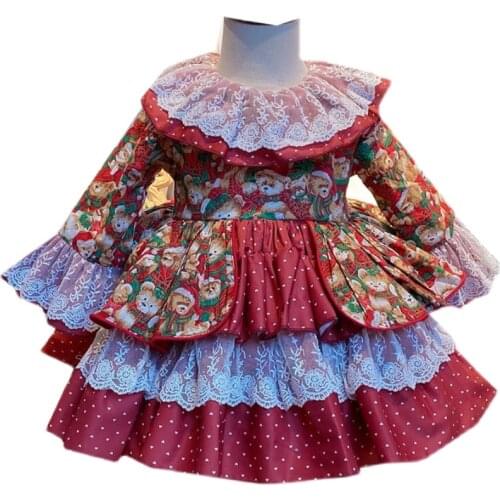 Vintage Spanish Turkey baby girl lolita printed princess dress kids lace stitching flare sleeve Christmas ball gown dress