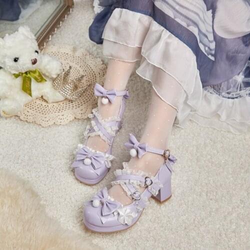 Lolita Style Bowknot Student Cute Sweet Girl Shoes Love Lace Edge Kawaii Girl Pumps Violet Breathable Elegant Mary Jane Shoes