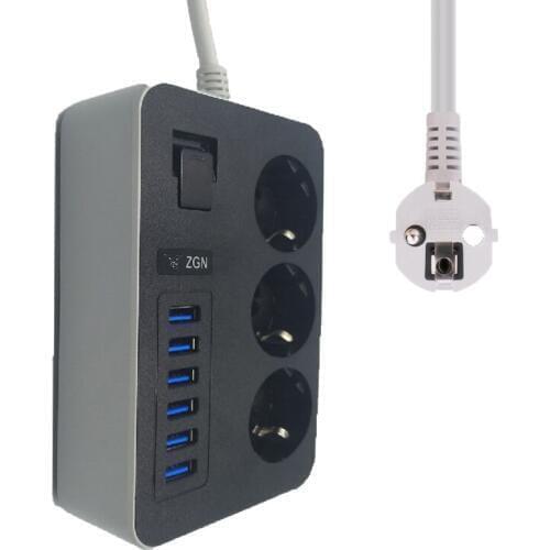 USB Power Strip Extension Socket Surge Protector 1.8M Cord EU Plug 3-Outlets 6USB Port for Home PC Smart Mobile Phone Charging