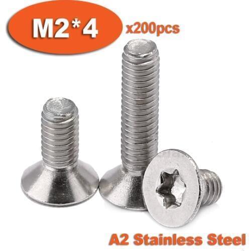 200pcs DIN965 M2 x 4 A2 Stainless Steel Torx Countersunk Flat Head Screw Screws