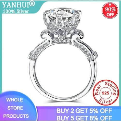 YANHUI Genuine 925 Sterling Silver 1ct Zirconia Diamond Wedding Rings for Women Six-claw Crown Rings Fine Jewelry Carving S925