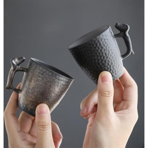 Japanese Vintage Tea Cup Ceramic Travel Coffee Mug Creative China Coarse Pottery Water Cup with 3D Dog Handle Anniversary Gifts