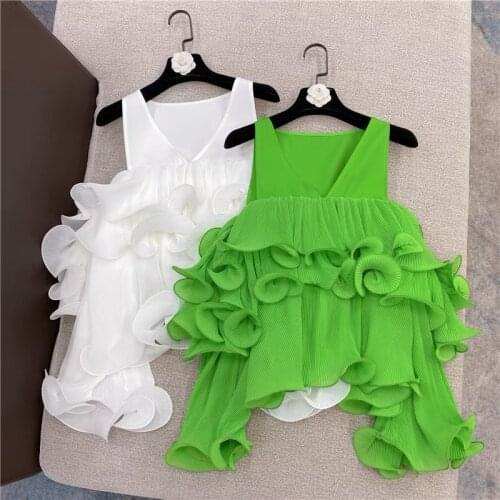 2021 Fashion Designer Summer Off Shoulder Splicing Shirts Sweet Chic Women Sleeveless V-Neck Pleated Cake Chiffon Blouses