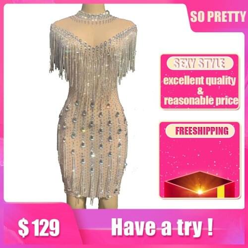 Summer Ladies Sexy Mesh Shiny Diamond Decoration Short Tassel Dress Stage Show Bar Latin Dance Concert DJ Singer Dancer Costume