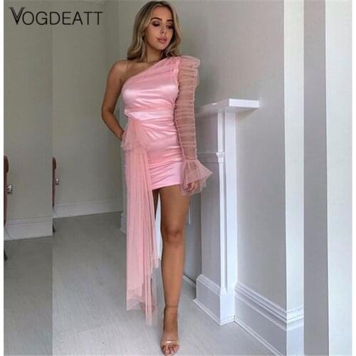 Womens New Mesh Single-sleeve Mini Dress Fashion Black Pleated Bodycon Party Dress Vestidos 2020 Spring And Summer