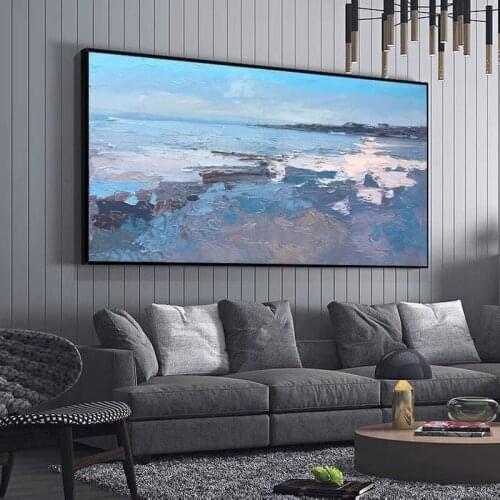 100% Hand-painted Abstract Textured Blue Sea Wave Oil Painting Wall Decoration Art Acrylic Canvas Paintings Picture For Entrance