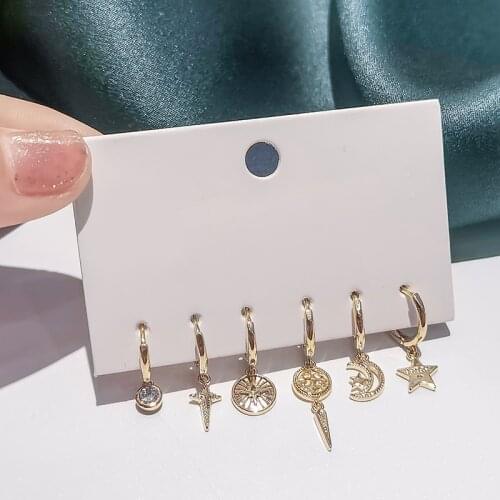 6 pieces/set 925 Sterling Silver Sun Moon Star Hoop Earrings Set Cute Shiny Women Simply Handmade Hip Hop Girl Party Jewelry