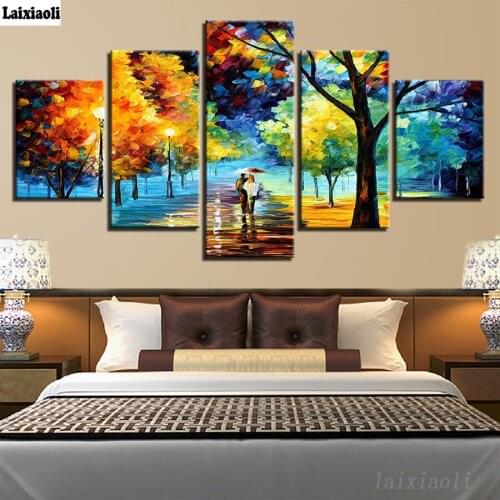 DIY Diamond Painting 5 Panel Tree Picture Diamond Embroidery Rhinestones Full Square Round Drill Mosaic Lovers Street Lamp Decor