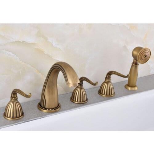 Antique Brass Widespread Three Levers Handles Deck Mounted 5 Holes Bathroom Tub Faucet Mixer Tap With Handshower mtf242