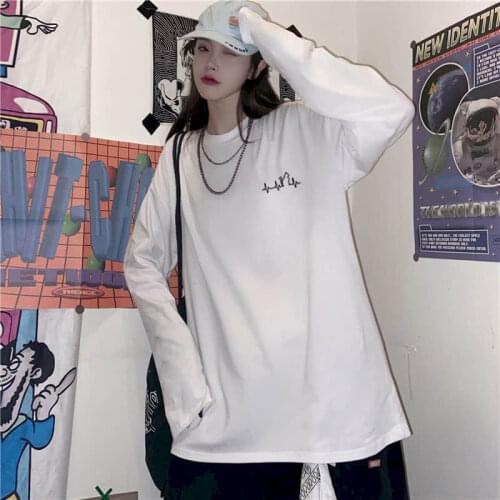 White T-shirt Women T Shirt Long-sleeved Autumn Clothes New Korean Harajuku Style Loose Tshirt Student Simple Compassionate