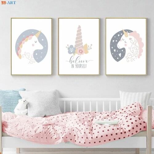 Baby Nursery Girl Pink Wall Art Bedroom Poster Print Floral Unicorn Canvas painting For Kids Room Nordic Decoration Picture