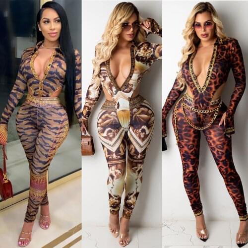 Hot sale fashion deep V tight sexy print long sleeve suit womens club for lady