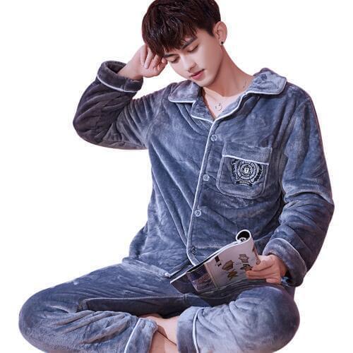 H5883 Grey Men Pajamas Set Thickened Flannel Home Clothes Suit Autumn Winter Long Sleeve Middle-aged Young Leisure Sleepwear