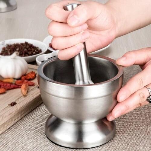 Double Stainless Steel Garlic Grinder Metal Mortar Salt And Pestle Pedestal Bowl Garlic Press Pot Herb Pepper Spice Grinder Pot