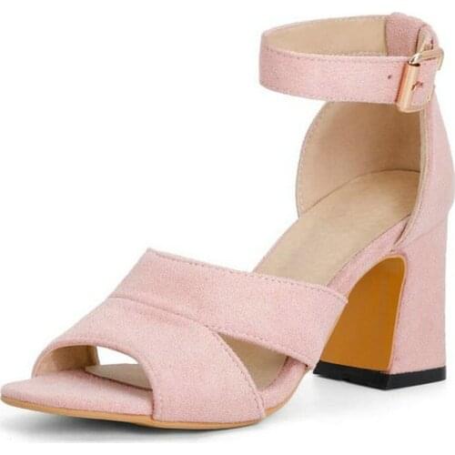 ZawsThia Classic Consise Pink Open Toe Chunky High Heeled Woman Shoes Flock Buckle Strap Office Dress Shoes Women Heels Sandals