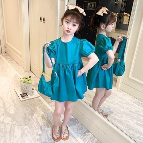 Summer Girls' Dress Simple Style Cute Solid Color Puff Sleeves Sweet Princess Dress+Bag Big Kids ChildrenS Clothing For 4-13Y
