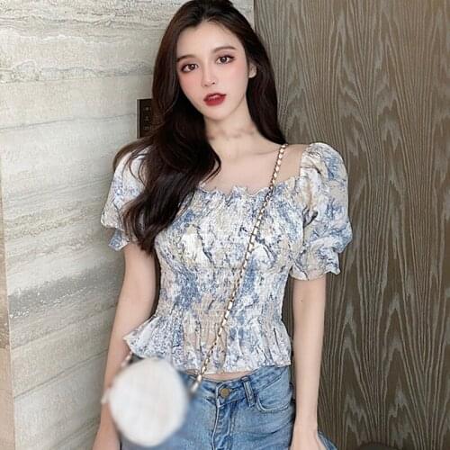Summer Women Floral Square Collar Blouse Puff Sleeve Chiffon Shirt Female Short-sleeved Tops