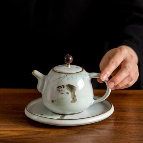 Hot Ru Kiln Is Holding the Teapot Naturally Opened Can Raise the Teapot Household Kung Fu Teapot Retro Printing Ceramic Tea Set