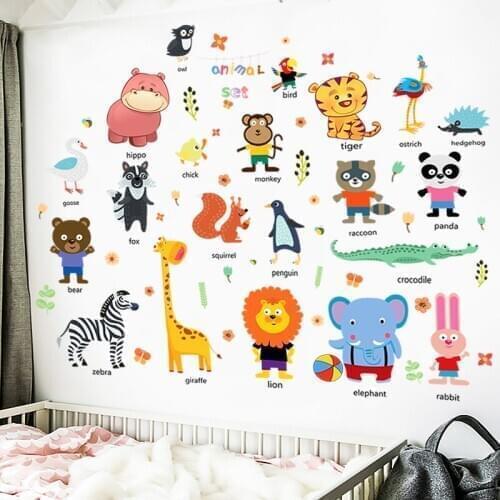 Cartoon Animal Wall Stickers Kids Room Baby Bedroom Decoration Zoo English Letters Kindergarten Early Education Learning Sticker