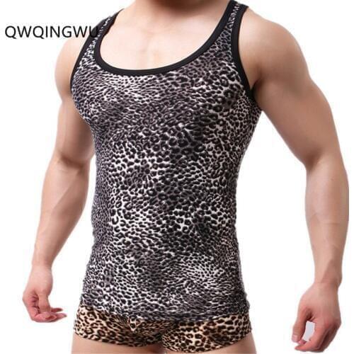 Mens Undershirt Top and Pants Set Slim Fit Men Tops Clothing Bodybuilding Fitness Shirts Tops Breathable Leopard Undershirt