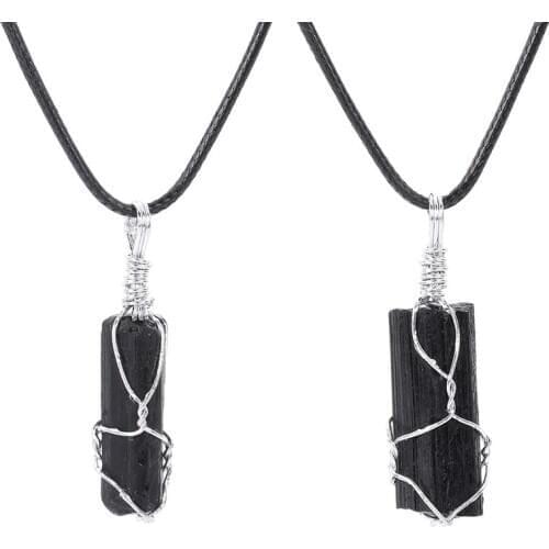 Natural Crystal Black Tourmaline Necklace Original Stone Wire Irregular Tourmaline Electric Stone Pillar Original Stone Pendant