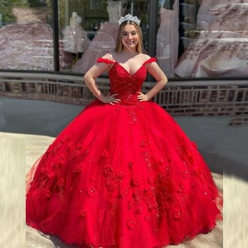 Princess Red Quinceanera Dresses Off Shoulder V Neck 15 Party Ball Gown Crystal Flowers Birthday Gowns Sweet 16 Debutante
