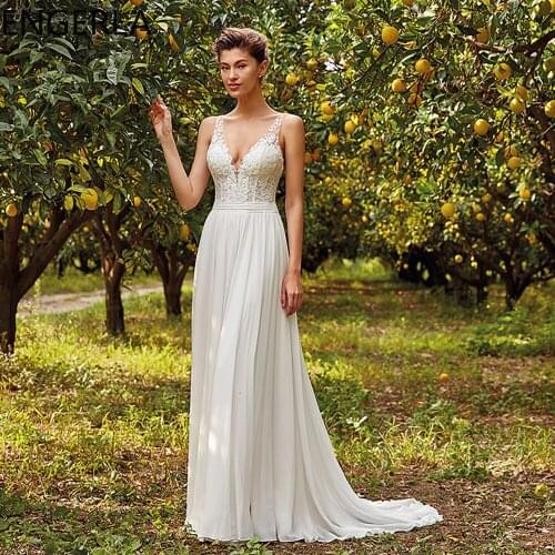 Jiayigong Sexy Beach Wedding Dresses Deep V Neck Sleeveless Lace Appliques Open Back A Line Long Bridal Gowns