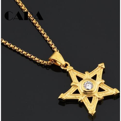 Gold color plated stainless steel men hip hop necklace big rhinestone star pendant popcorn chain necklace jewelry CAGF0307