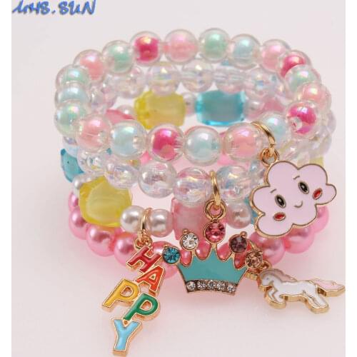 MHS.SUN 4Pcs Girls Child Beads Bracelets Elastic Kids Mermaid/Rainbow/Crown/Unicorn Pendant Beaded Jewelry Accessories Colorful