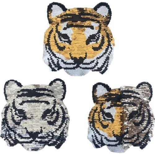 Tiger change color sequins patches embroidered reversible badge fabric applique