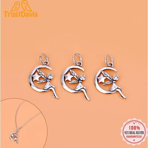TrustDavis Real 925 Sterling Silver Fashion Moon Star Elves Charm Pendant Handmade DIY Accessories Fine Jewelry Wholesale HY156