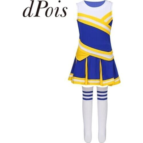 Kids Girls Cheerleading Uniforms Sleeveless Tops Pleated Skirt Socks Set Stage Performance Cheerleader Costume Dancewear Outfit