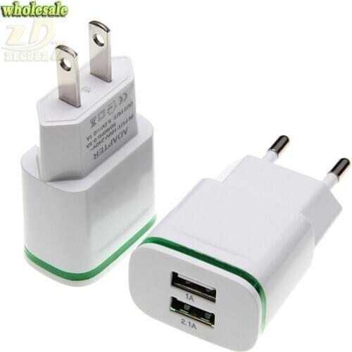 2USB 2-Ports USB Charger for XiaoMi iPhone 7 8 Samsung LED Light 5V/2.1A Fast Charging Mobile Phone Universal Wall Adapter 50pcs