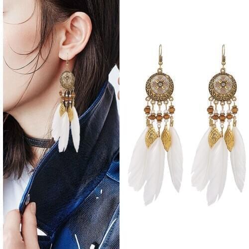 New Fashion Retro Hollow Long Feather Bohemia Earrings Hot Sale Women Colorful Rice Bead Tassel Earrings 2020 Boho Jewelry Gift