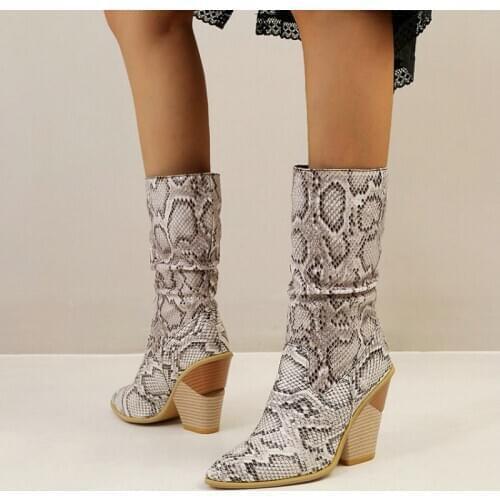 ZawsThia 2020 new winter snakeskin pu printing womans shoes pointed toe chunky high heels pleated women mid-calf boots size 48