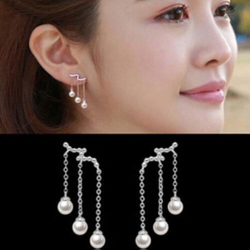 Silver Plated Jewelry For Women Three Long Tassel Imitation Pearl Earrings Of Advanced Hotel Banquet Fashion Jewelry Wholesale
