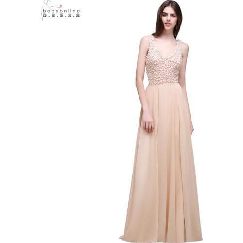 In Stock Champagne Long Evening Dress Pearls Sexy V-neck Backless Beadings Evening Party Dresse Chiffon Robe De Soiree