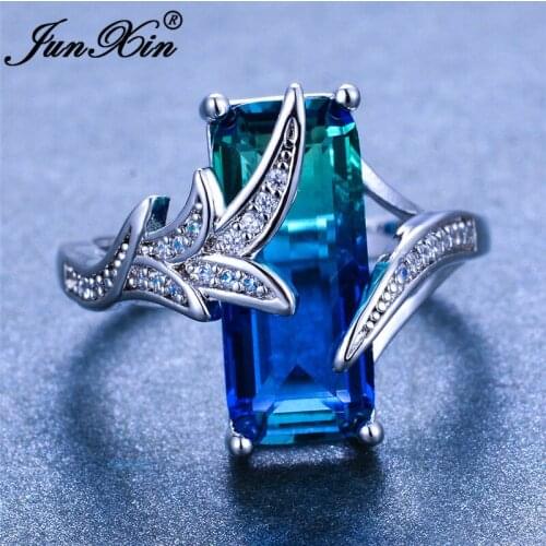 Green Blue Crystal Gradient Zircon Mermaid Tail Rings For Women Charm Silver Color Ring Big Rectangle Stone Ring Wedding Jewelry