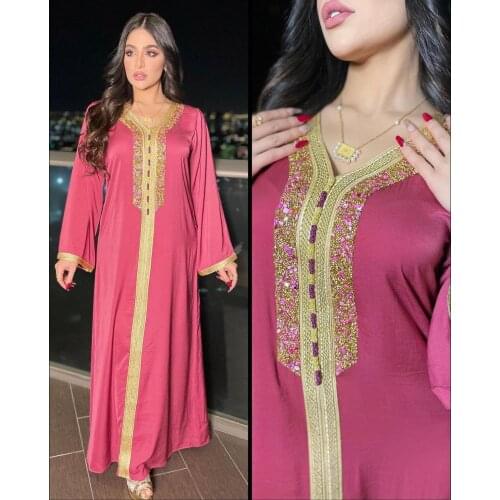 MCK Muslim Women Dress Middle East Abaya Dubai Elegant Kaftan Kimono Rhinestone Stripe Long Rose Gold Dress Women Clothing