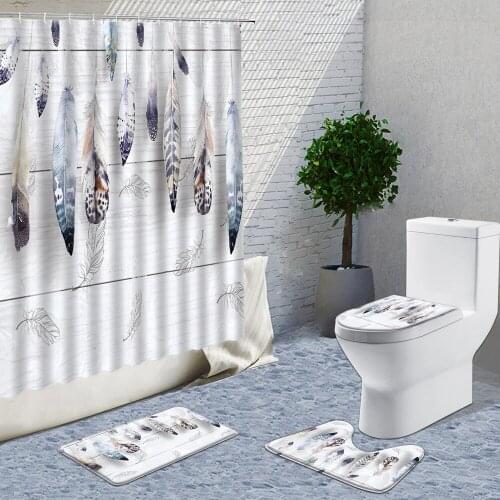 Feather Printing Shower Curtain Fabric 4pcs Nordic Nationality Style Flannel Mats Toilet Cover Bath Set With Rugs And Curtains
