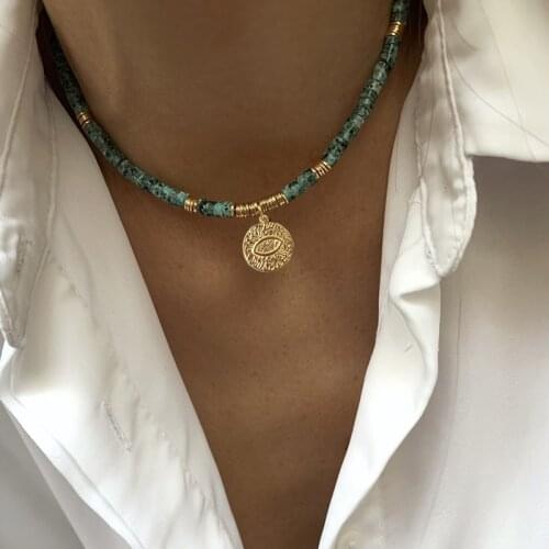 Bohemian Handmade Jewelry Natural Stone Beaded Choker Evil Eye Pendant Necklace Female Male Retro Exquisite Fashion Gift, 2021