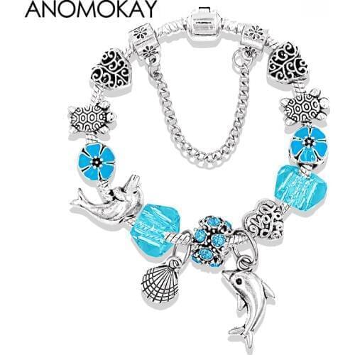 Casual Ocean Style Blue Crystal Charm Bracelet DIY Turtle Dolphin Animal Bead Bracelets & Bangles for Men Child Birthday Gift